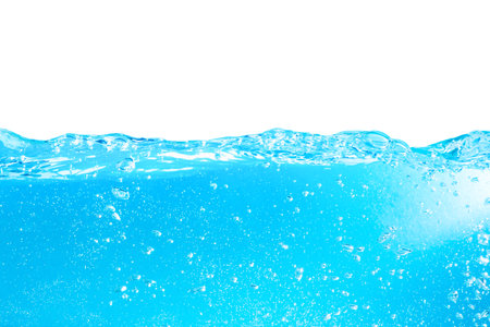 Fresh blue water background with bubbles over white の写真素材