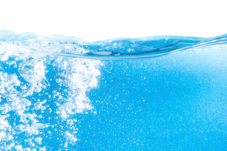 Fresh blue water background with bubbles over white の写真素材