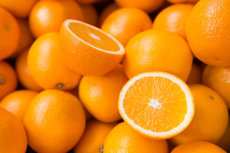 Closeup of sliced oranges on a marketの写真素材