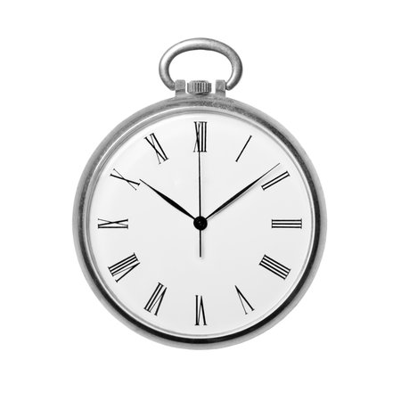 Antique golden pocket watch isolated on white background, monochrome. Concept of time, past or deadlineの写真素材