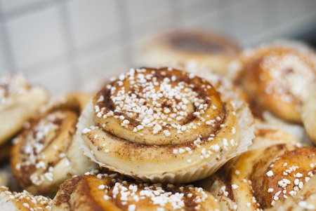A bunch of newly-baked cinnamon bunsの写真素材