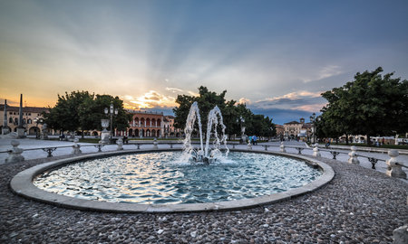 Padova fountain in Prato della Valle famous square. blue Sunsetの写真素材