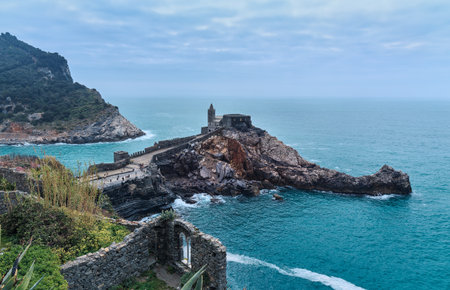 italy seascape coastline with old castle. Portovenere Liguria sea, romantic viewの写真素材