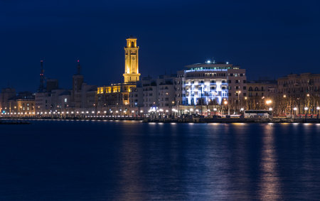 Bari seafront night Citylights cityscape. coastline at twilightの写真素材