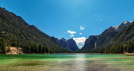 Mountain lake panorama landscape. Dolomites Italyの写真素材