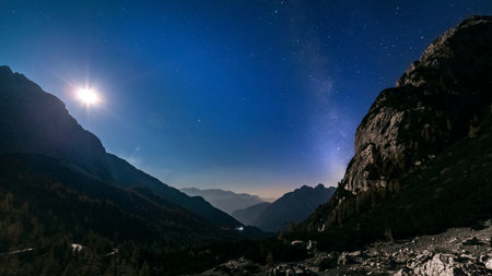 stars and milky way with moon light over mountain night landscape. night panorama. Nightscapeの写真素材