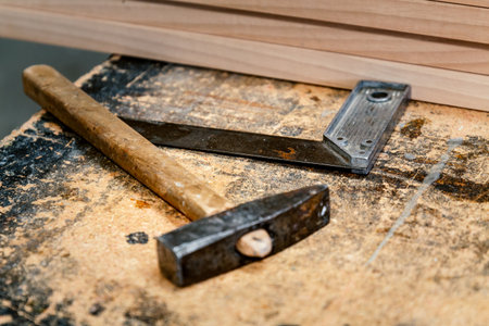 hammer and carpenter's tools. Icons of manual work. work equipment. Ancient Craft. Concept imageの写真素材