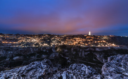 Matera Italy sunset on Sassi. cityscape twilight landscape. Blue and Purple skyの写真素材