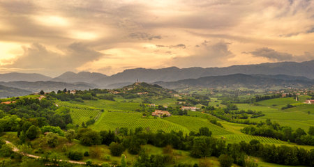 Rural landscape at sunset.  Italy mountains, hills and vineyards. panorama. Amazing skyの写真素材