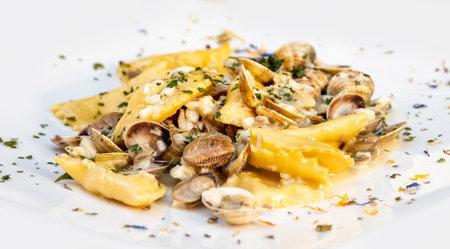 Ravioli with clams. Italian regional food. Gourmet restaurant food.の写真素材