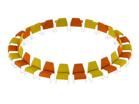 Colored chairs stand in a circle on a white background 3d renderingの写真素材