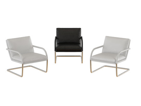 Three chairs black and white leather on a metal base on a white background 3d renderingの写真素材
