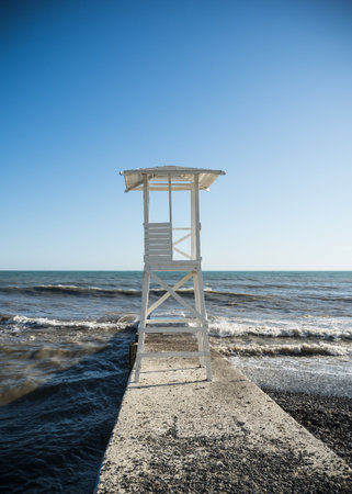 White wooden rescue tower on the beach in Sochiの写真素材