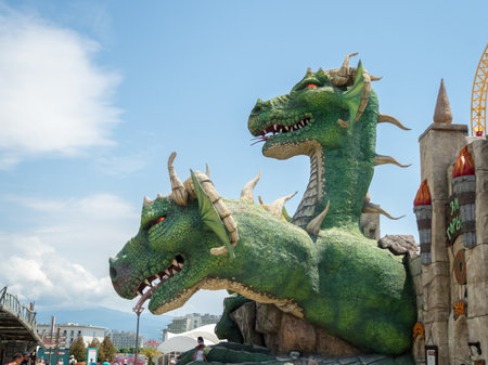 Two handmade dragon heads amusement park in Sochi 22 06 2019のeditorial素材