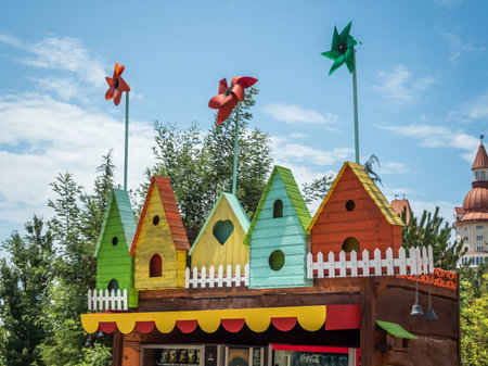 Beautiful colored screws show changes in wind speed on a street in a park Russia Sochi 06 22 2019のeditorial素材