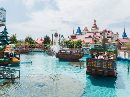 Water rides on boats for children and parents in Sochi Park. Russia Sochi 06 22 2019のeditorial素材