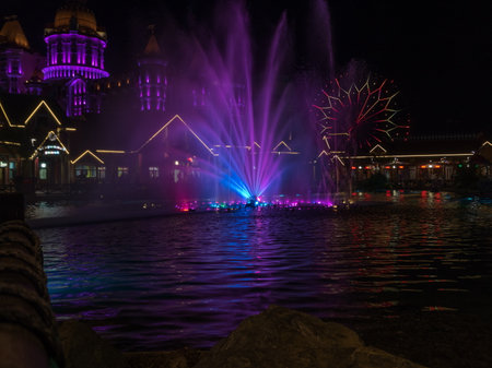 Beautiful fountain in the amusement park in the evening. Russia Sochi 06 22 2019のeditorial素材