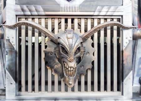 Skull with horns on the truck. Park Riviera. Russia Sochi 06 05 2019