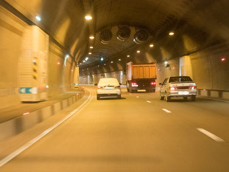 Cars ride through the tunnel. Russia Sochi 08 04 2019のeditorial素材