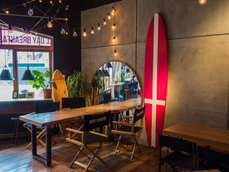 Surf cafe on Rosa Khutor with beautiful decor. Russia Sochi 08 04 2019のeditorial素材