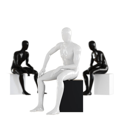 White mannequin guy sits on background of two black mannequins. Depth of field effect. 3D renderingの写真素材