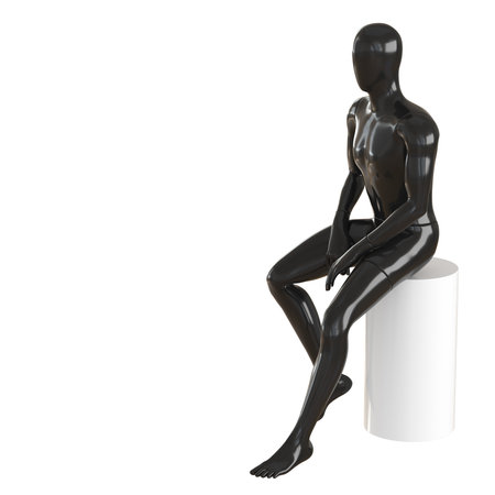A black faceless mannequin guy sits on white round stool. 3d renderingの写真素材
