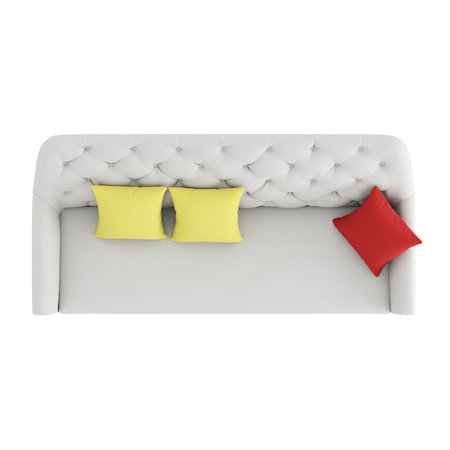 Bright sofa with three colored pillows top view on isolated background. 3d renderingの写真素材