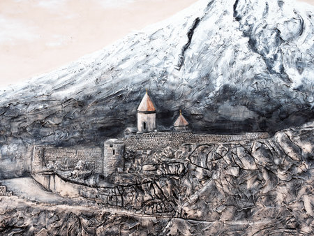 Russia, Sochi 03.10.2019. Art painting on wall of animals, mountains and plants
