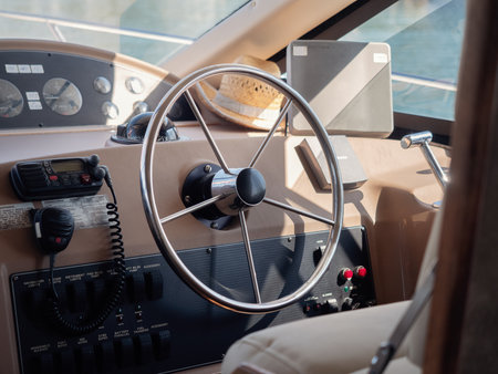 Russia, Sochi 05.10.2019. The steering compartment on the sea boat interior with furnitureのeditorial素材
