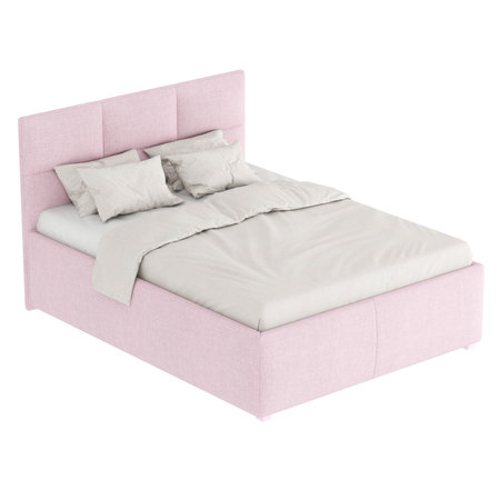 Double bed with soft pink fabric upholstery and light bedding on a white background. 3d renderingの写真素材