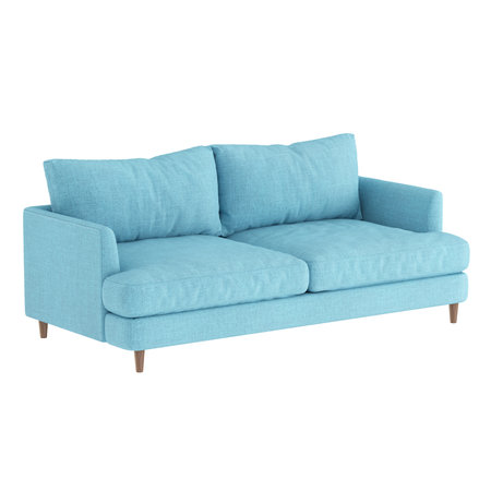Soft blue fabric sofa on wooden legs on a white background. Angled view. 3d renderingの写真素材