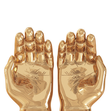 Two decorative golden hands with slightly bent fingers palm up on white background. Top view. 3d renderingの写真素材