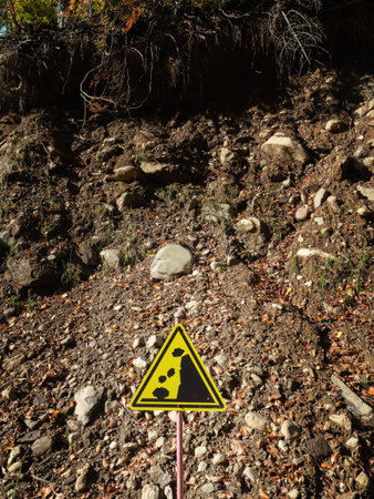 Yellow triangular warning sign stands on hillside background