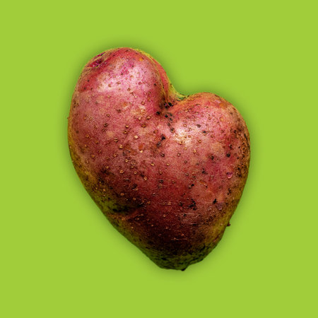Heart shaped potato with red peel on green backgroundの写真素材