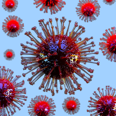 Color covid virus 19 in the center in sharpness, while others with the effect of depth on a blue background. 3D renderingの写真素材