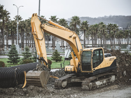 Crawler excavator is working in a gravel on the street against the background of palm trees
