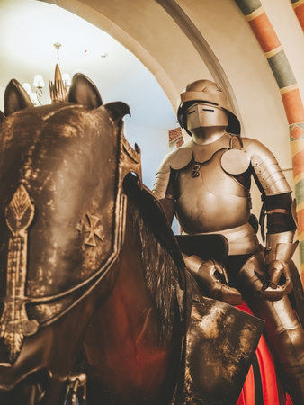 Russia, Sochi 14.03.2020. The figure of a man on a horse in knightly bronze armorのeditorial素材