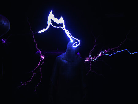 Blurred figure of a man in a chain mail suit hit by a giant lightning in the head and body. Defocus