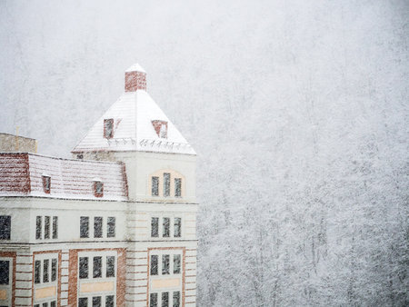 Fragment of a building with a tower surrounded by trees during a heavy snowfallの写真素材