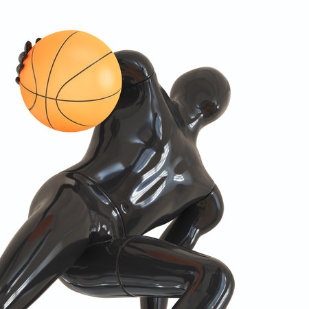 A male, black and glossy plastic dummy leads a basketball on a white backgraund. 3d rendering.の写真素材