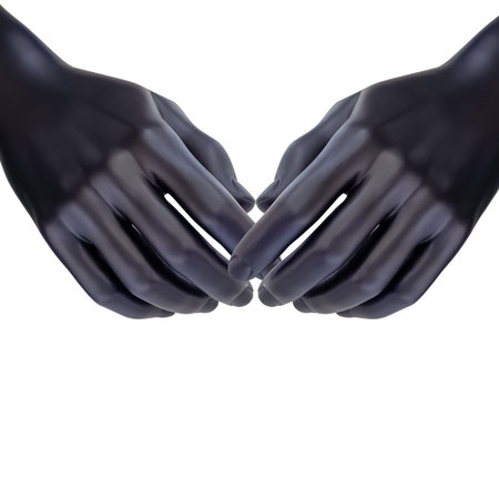 Two black plastic hands are pointed towards each other with close-up fingers on a white background. 3d renderingの写真素材