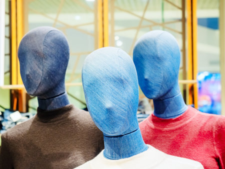 Mannequins with denim faces in colored turtlenecks in a store. Focus to the foregroundの写真素材