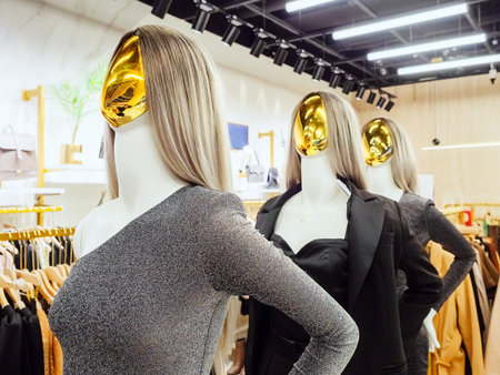 Female abstract mannequins with golden faces in evening wear stand in boutiqueの写真素材