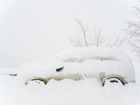 A car covered with snow stands next to a low tree in cloudy weather and snowfallの写真素材
