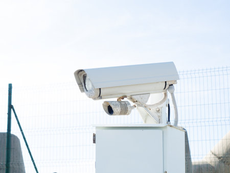 White surveillance camera on a stand outdoors behind a fenceの写真素材