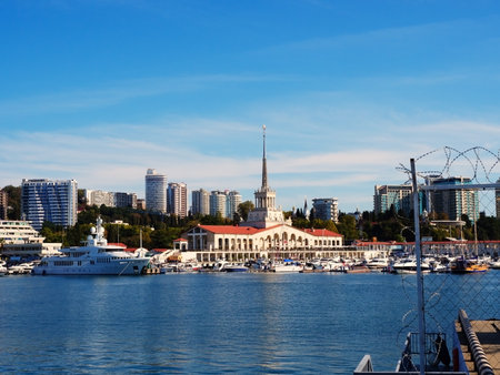 Russia, Sochi 31.10.2020. Seascape with a city on the coast against a blue skyのeditorial素材