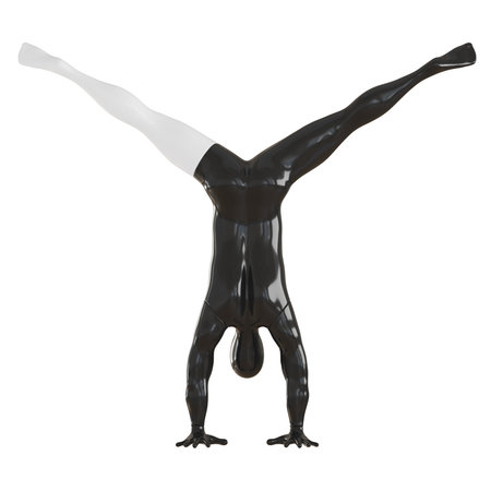 A black male mannequin with one white leg stands on his hands on an isolated background. Back view....