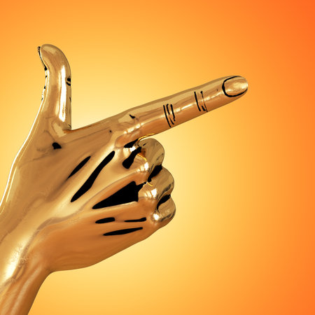 Golden hand with an extended forefinger and thumb on an orange background. Pointing sign. 3d renderingの写真素材