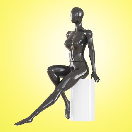 A black female faceless mannequin sits on a white cylindrical seat against a yellow backlit background. 3d renderingの写真素材