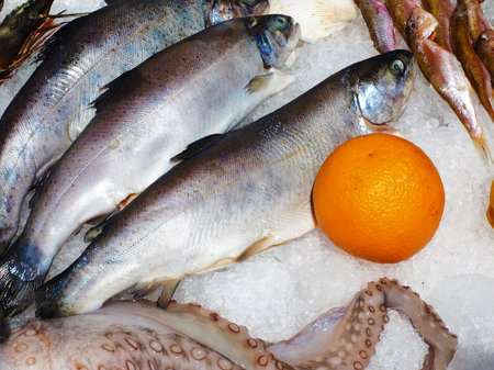 Chilled fish lies in ice with an orange. Showcase in a fish restaurant